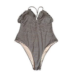 Woman’s Nautical Cupshe Stripe Blue and White Ruffle One Piece Swimsuit Size Xl